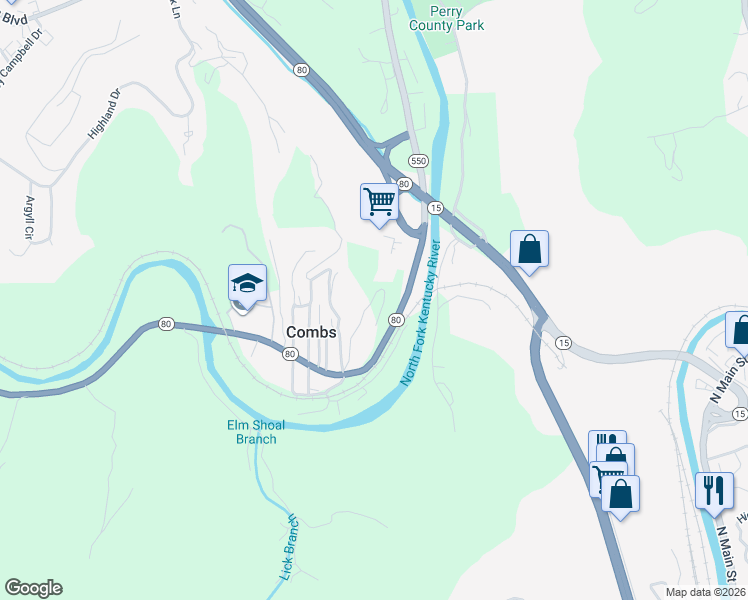 map of restaurants, bars, coffee shops, grocery stores, and more near 294 Cemetery Street in Hazard
