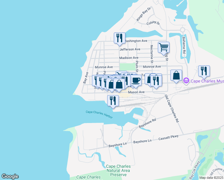 map of restaurants, bars, coffee shops, grocery stores, and more near 227 Mason Avenue in Cape Charles