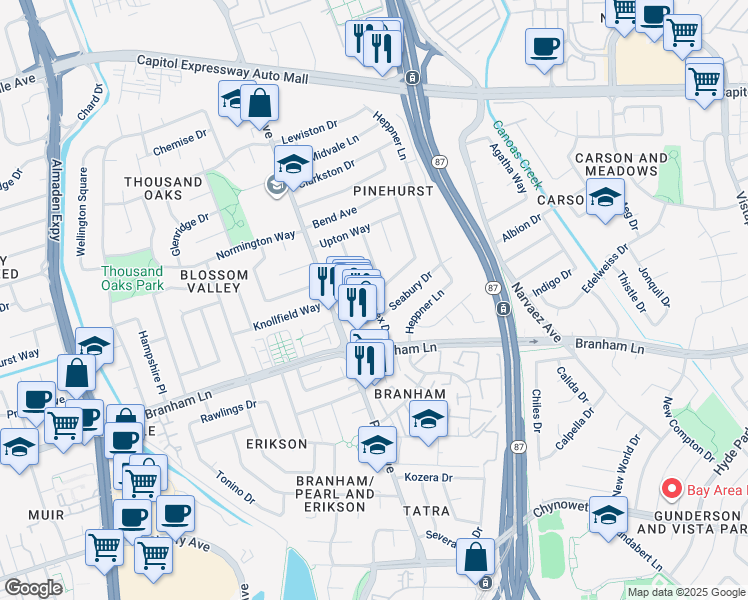 map of restaurants, bars, coffee shops, grocery stores, and more near 4376 Haines Avenue in San Jose