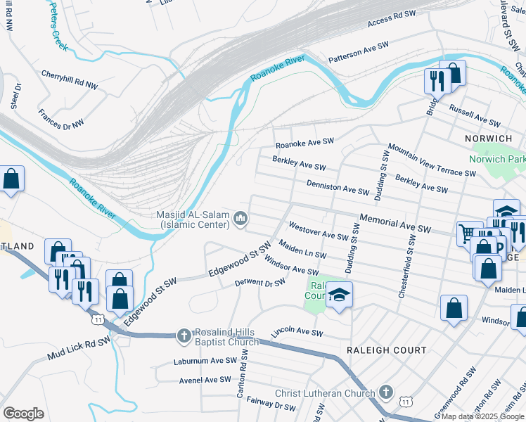 map of restaurants, bars, coffee shops, grocery stores, and more near 2529 Westover Avenue Southwest in Roanoke