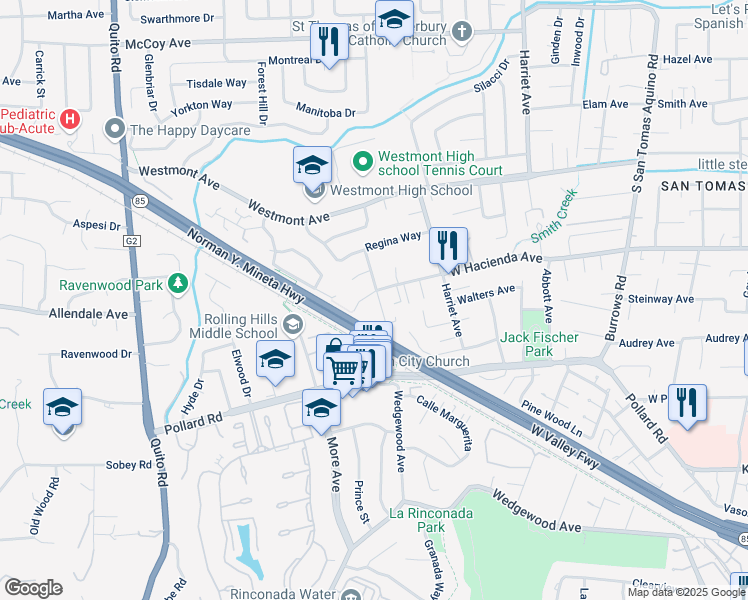 map of restaurants, bars, coffee shops, grocery stores, and more near 4712 West Hacienda Avenue in Campbell