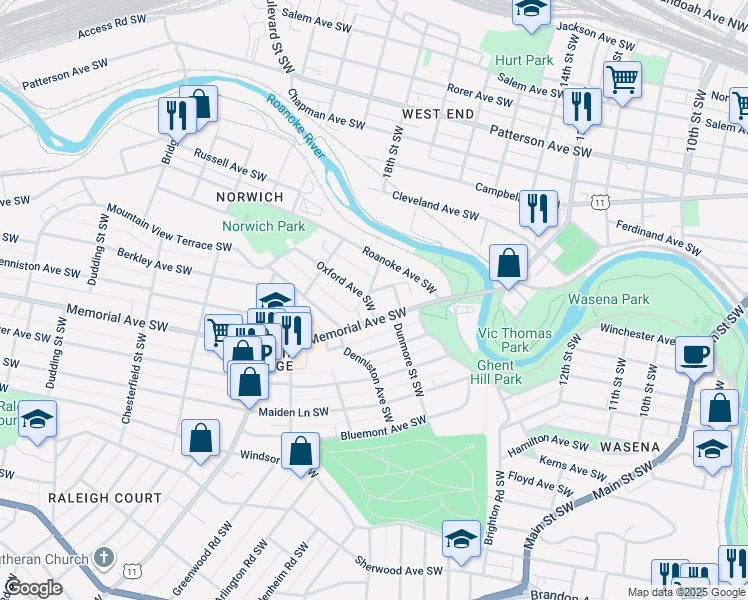 map of restaurants, bars, coffee shops, grocery stores, and more near 1717 Oxford Avenue Southwest in Roanoke
