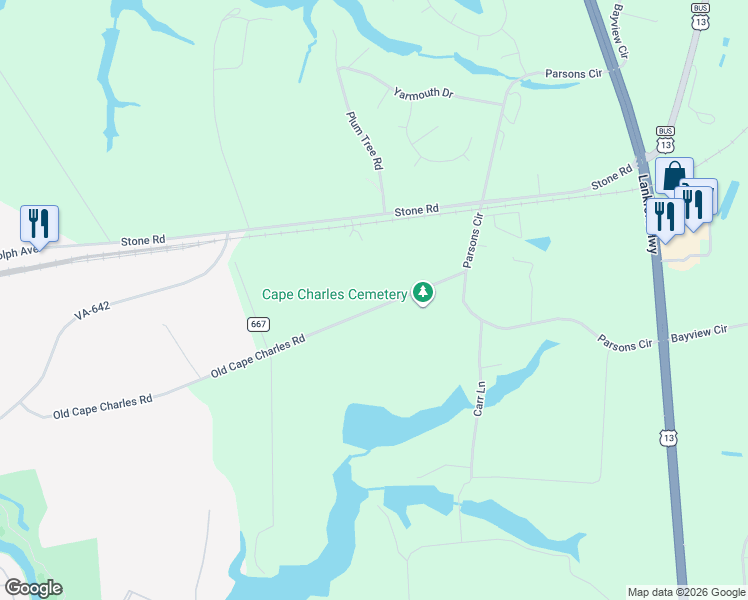 map of restaurants, bars, coffee shops, grocery stores, and more near 3127 Old Cape Charles Road in Cape Charles
