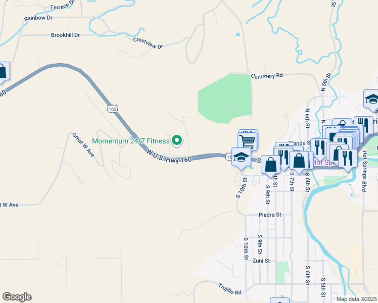 map of restaurants, bars, coffee shops, grocery stores, and more near 132 North 14th Street in Pagosa Springs