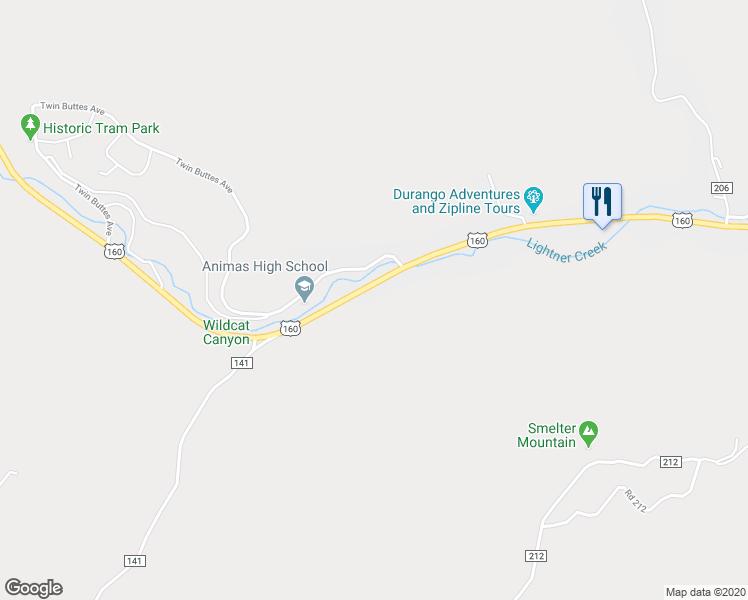 map of restaurants, bars, coffee shops, grocery stores, and more near 20200 U.S. 160 in Durango