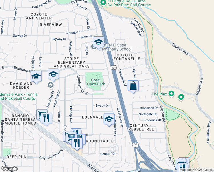 map of restaurants, bars, coffee shops, grocery stores, and more near 5146 Snow Drive in San Jose