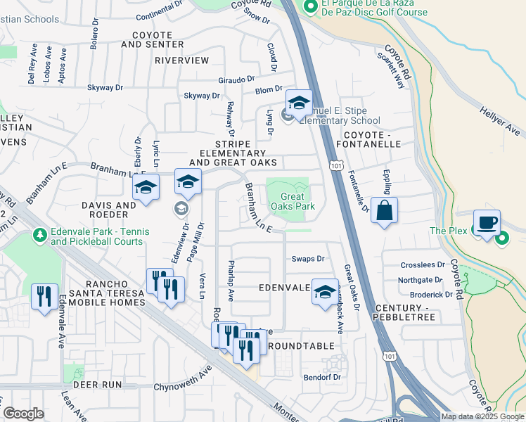 map of restaurants, bars, coffee shops, grocery stores, and more near 473 Branham Lane East in San Jose