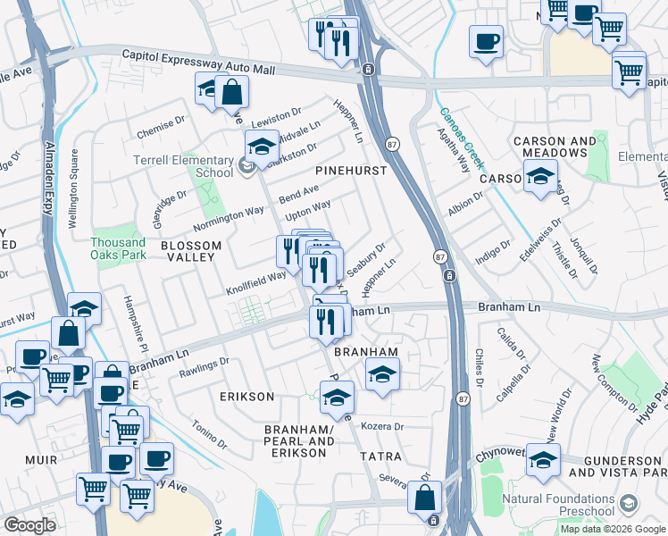 map of restaurants, bars, coffee shops, grocery stores, and more near 4376 Haines Avenue in San Jose