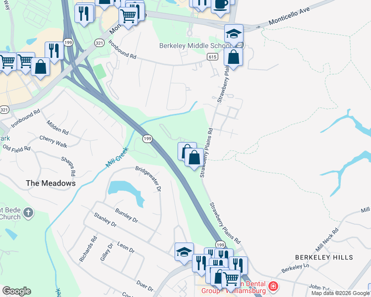 map of restaurants, bars, coffee shops, grocery stores, and more near 3821 Staffordshire Lane in Williamsburg