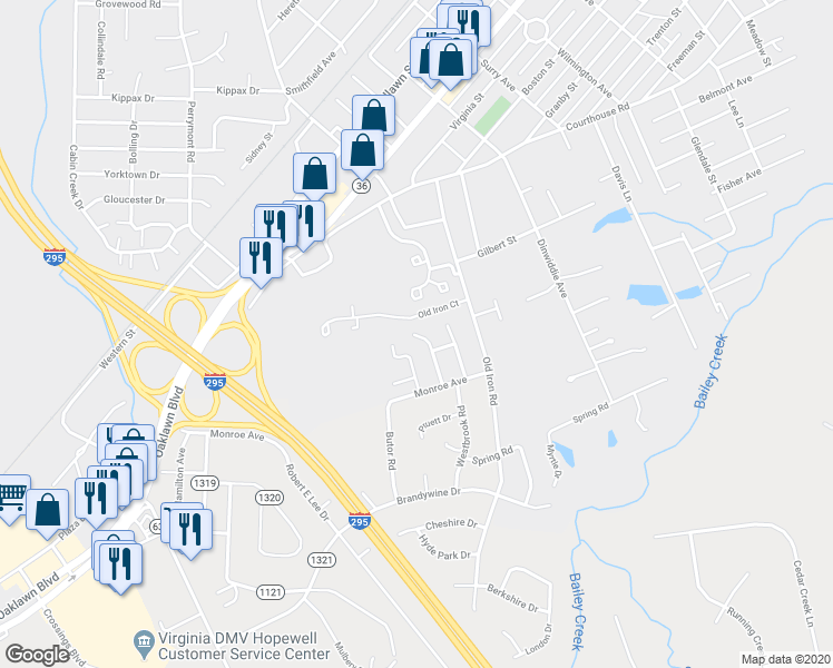 map of restaurants, bars, coffee shops, grocery stores, and more near 1615 Bexley Drive in Hopewell