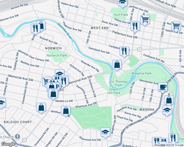 map of restaurants, bars, coffee shops, grocery stores, and more near 1515 Memorial Avenue Southwest in Roanoke