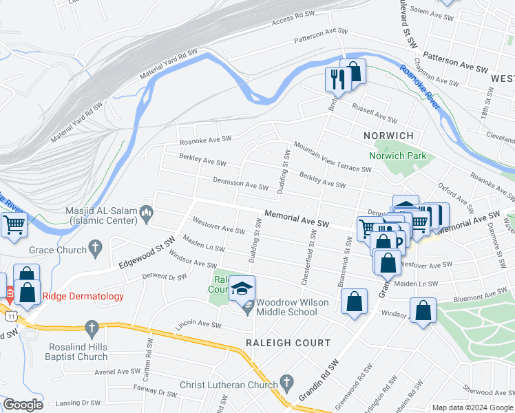 map of restaurants, bars, coffee shops, grocery stores, and more near 2333 Memorial Avenue Southwest in Roanoke
