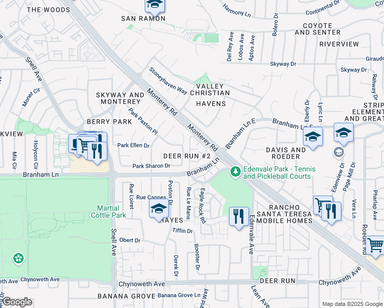 map of restaurants, bars, coffee shops, grocery stores, and more near 76 Saddle Tree Court in San Jose