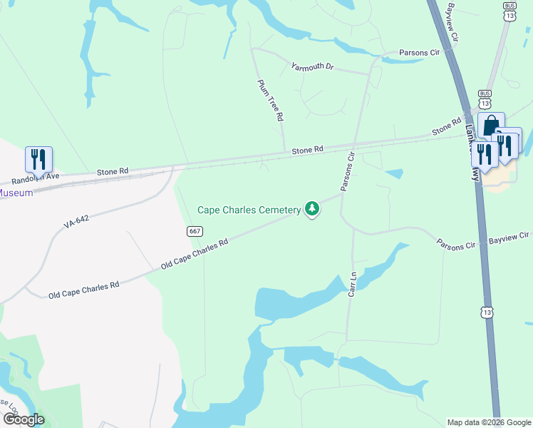 map of restaurants, bars, coffee shops, grocery stores, and more near 3127 Old Cape Charles Road in Cape Charles