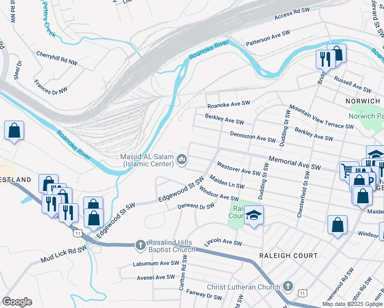 map of restaurants, bars, coffee shops, grocery stores, and more near 2541 Westover Avenue Southwest in Roanoke