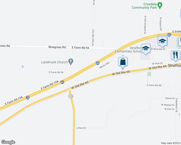 map of restaurants, bars, coffee shops, grocery stores, and more near 207 South Oakcliff Avenue in Strafford