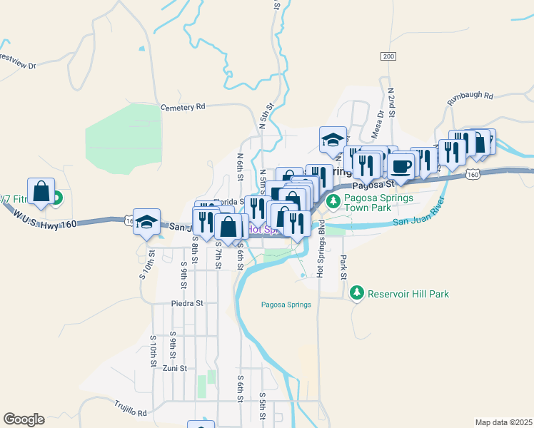 map of restaurants, bars, coffee shops, grocery stores, and more near 188 North 5th Street in Pagosa Springs