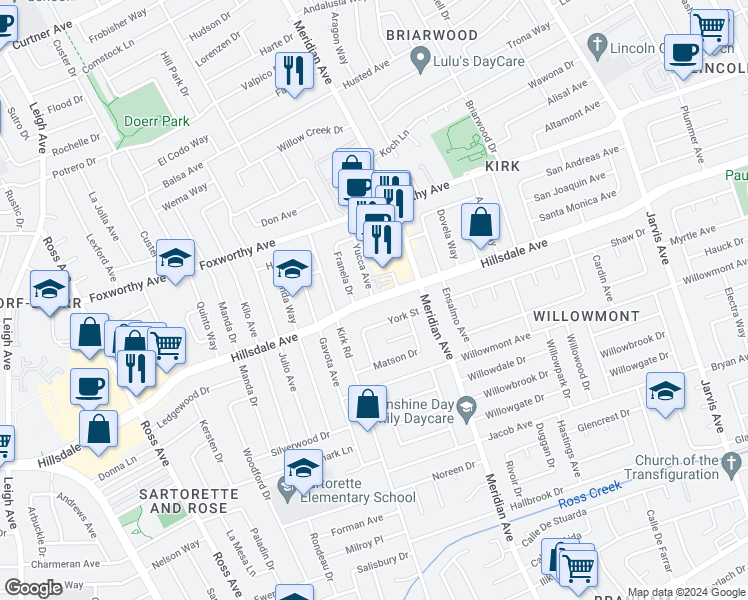 map of restaurants, bars, coffee shops, grocery stores, and more near Hillsdale Ave & Yucca Ave in San Jose