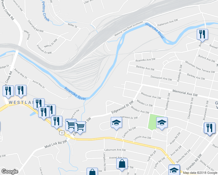 map of restaurants, bars, coffee shops, grocery stores, and more near 2640 Westover Avenue Southwest in Roanoke