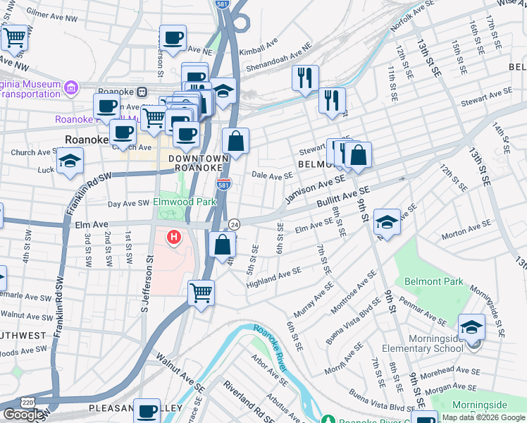 map of restaurants, bars, coffee shops, grocery stores, and more near 501 Bullitt Avenue Southeast in Roanoke