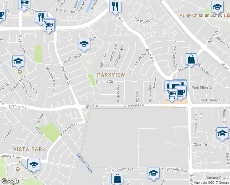 map of restaurants, bars, coffee shops, grocery stores, and more near 305 Lassenpark Circle in San Jose