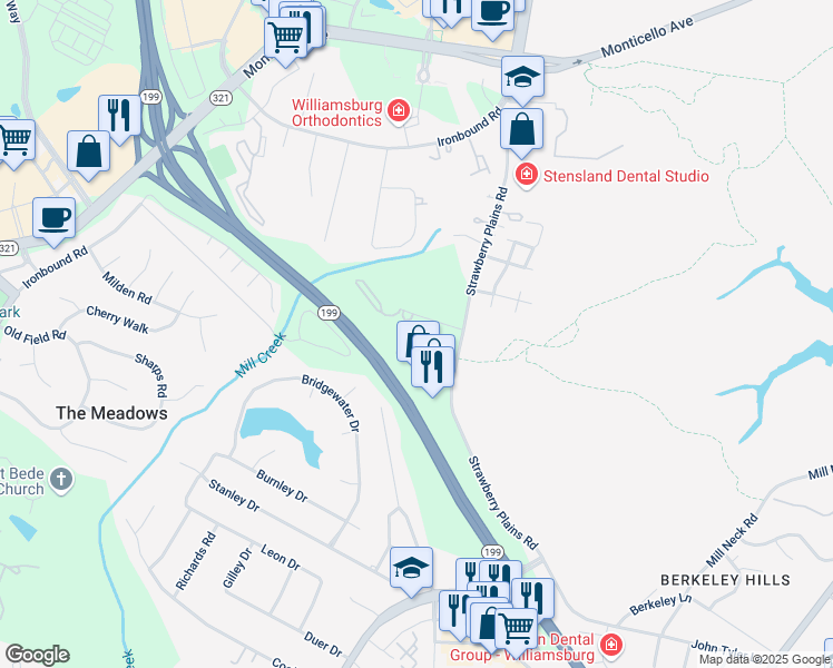 map of restaurants, bars, coffee shops, grocery stores, and more near 3828 Staffordshire Lane in Williamsburg