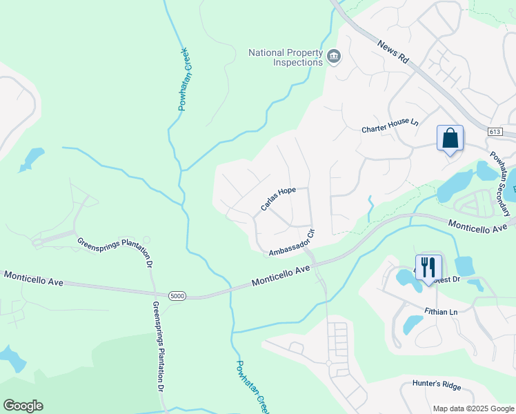 map of restaurants, bars, coffee shops, grocery stores, and more near 3736 Carlas Hope Road in Williamsburg