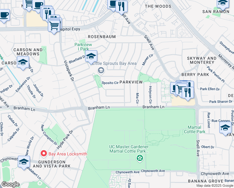 map of restaurants, bars, coffee shops, grocery stores, and more near 313 Lassenpark Circle in San Jose