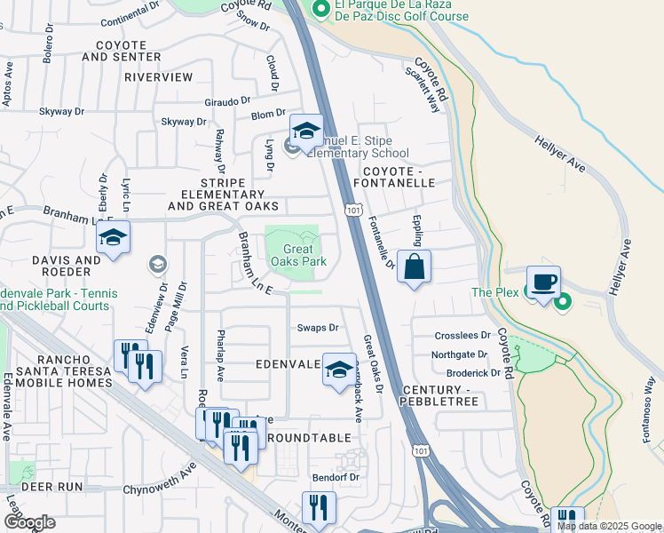 map of restaurants, bars, coffee shops, grocery stores, and more near 5146 Snow Drive in San Jose
