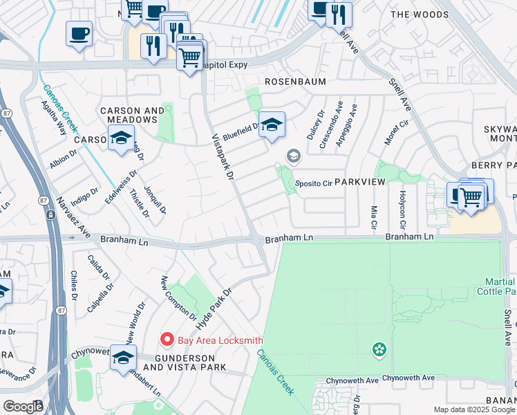 map of restaurants, bars, coffee shops, grocery stores, and more near 392 Greenpark Way in San Jose