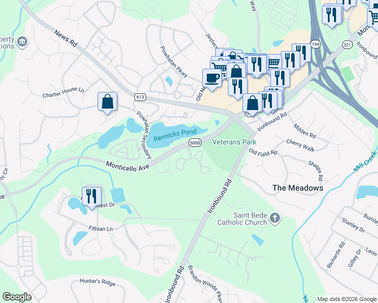 map of restaurants, bars, coffee shops, grocery stores, and more near Steeplechase Drive in Williamsburg