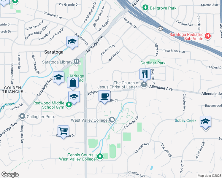 map of restaurants, bars, coffee shops, grocery stores, and more near 19303 Allendale Avenue in Saratoga