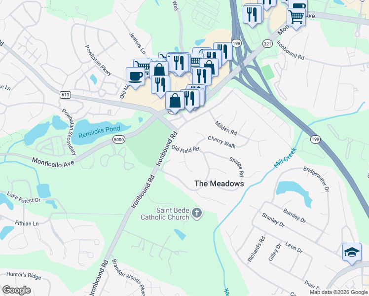 map of restaurants, bars, coffee shops, grocery stores, and more near 117 Old Field Road in Williamsburg