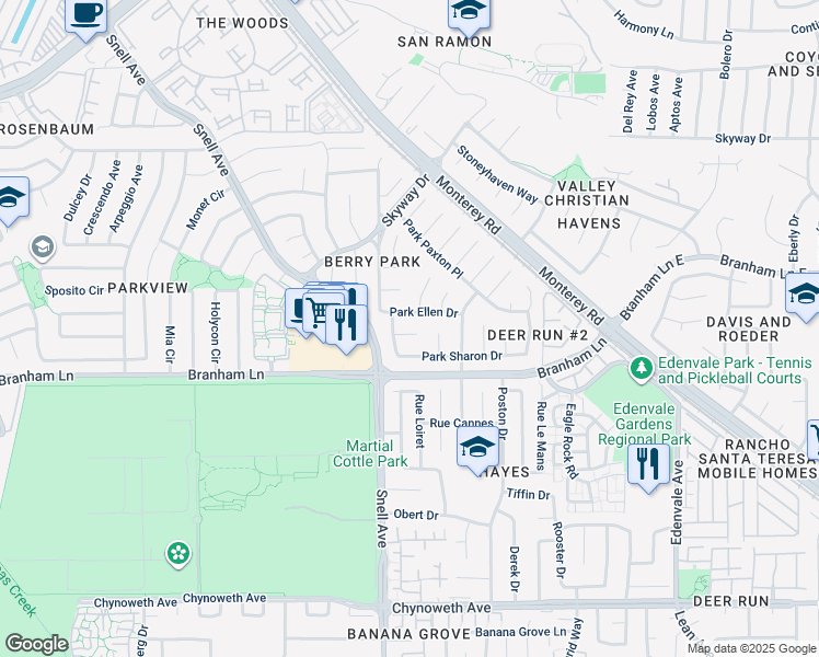 map of restaurants, bars, coffee shops, grocery stores, and more near 131 Park Watson Place in San Jose