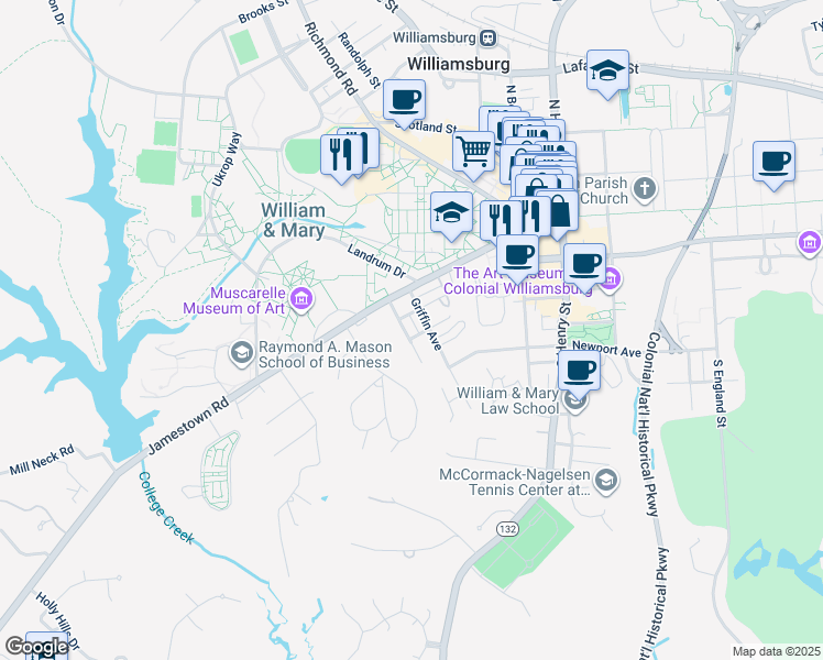 map of restaurants, bars, coffee shops, grocery stores, and more near 207 Cary Street in Williamsburg