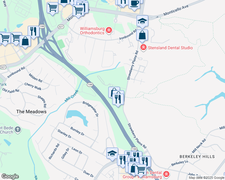 map of restaurants, bars, coffee shops, grocery stores, and more near 3822 Staffordshire Lane in Williamsburg