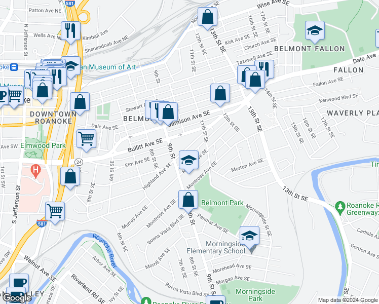 map of restaurants, bars, coffee shops, grocery stores, and more near 933 Highland Avenue Southeast in Roanoke
