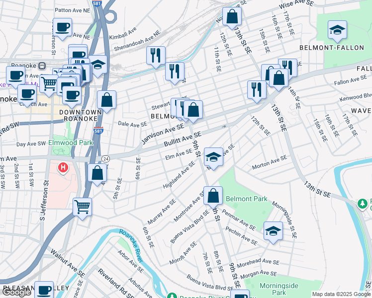 map of restaurants, bars, coffee shops, grocery stores, and more near 814 Elm Avenue Southeast in Roanoke