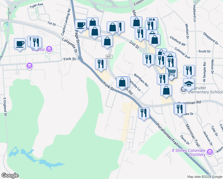 map of restaurants, bars, coffee shops, grocery stores, and more near 207 Powhatan Street in Williamsburg