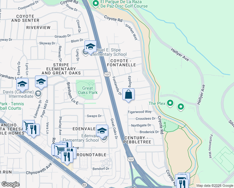 map of restaurants, bars, coffee shops, grocery stores, and more near 426 Fontanelle Drive in San Jose