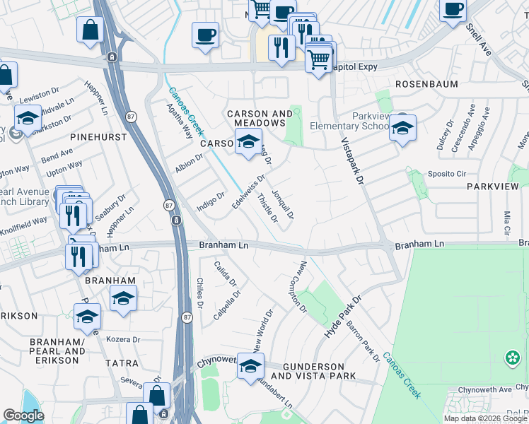 map of restaurants, bars, coffee shops, grocery stores, and more near 4461 Thistle Drive in San Jose