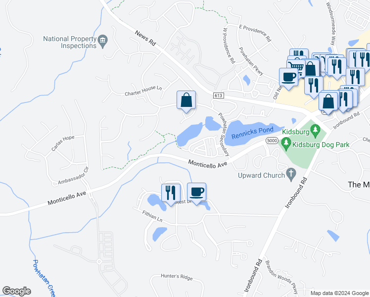 map of restaurants, bars, coffee shops, grocery stores, and more near 200 Vintage Court in Williamsburg