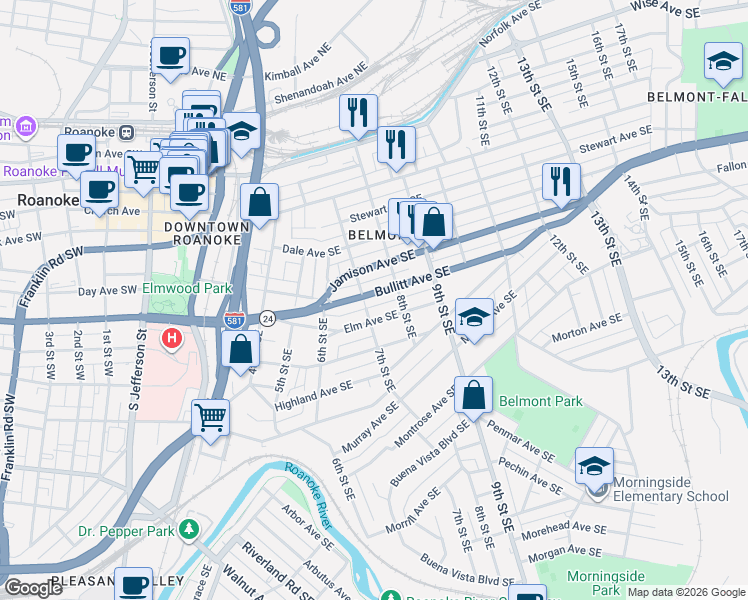 map of restaurants, bars, coffee shops, grocery stores, and more near 717 SE Bullitt Ave in Roanoke