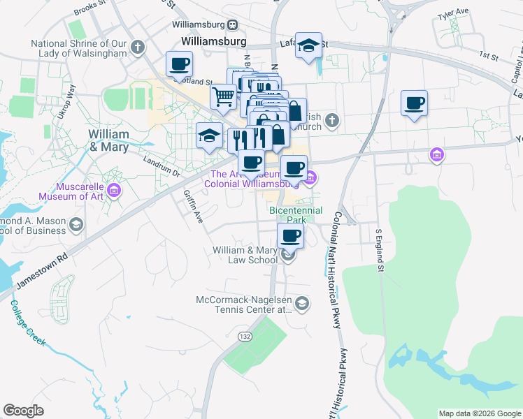map of restaurants, bars, coffee shops, grocery stores, and more near 315 South Boundary Street in Williamsburg