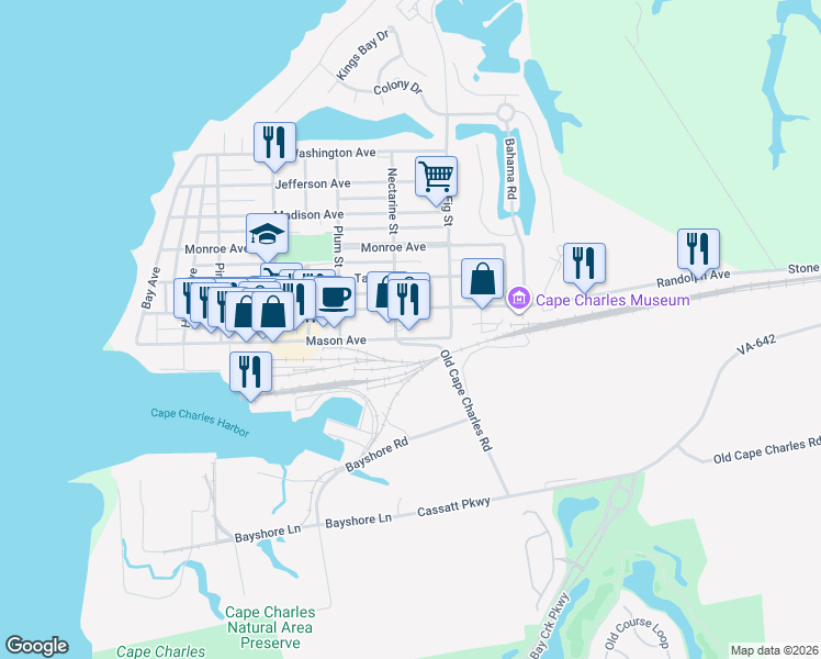 map of restaurants, bars, coffee shops, grocery stores, and more near 611 Mason Avenue in Cape Charles