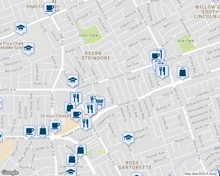 map of restaurants, bars, coffee shops, grocery stores, and more near 3100 Quinto Way in San Jose