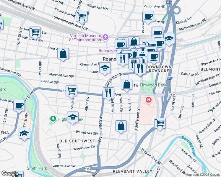 map of restaurants, bars, coffee shops, grocery stores, and more near 701 3rd Street Southwest in Roanoke