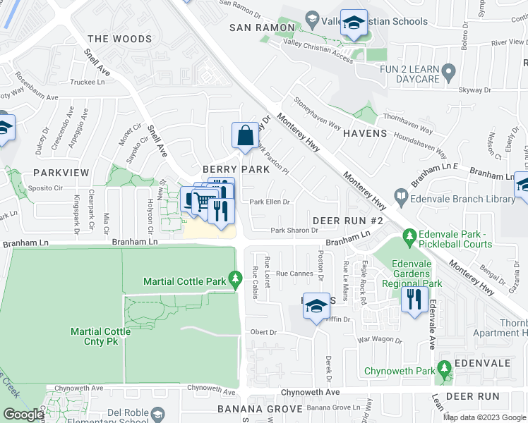 map of restaurants, bars, coffee shops, grocery stores, and more near 131 Park Watson Place in San Jose