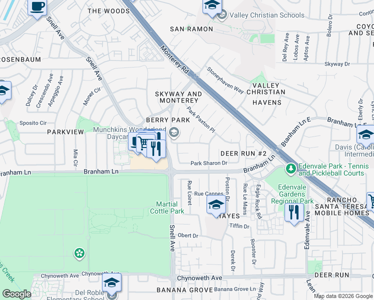 map of restaurants, bars, coffee shops, grocery stores, and more near 131 Park Watson Place in San Jose