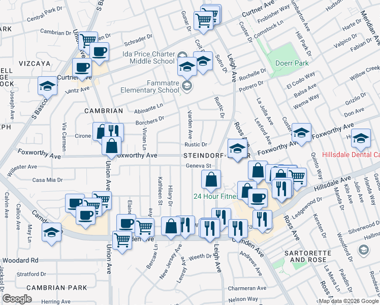 map of restaurants, bars, coffee shops, grocery stores, and more near 1903 Foxworthy Avenue in San Jose